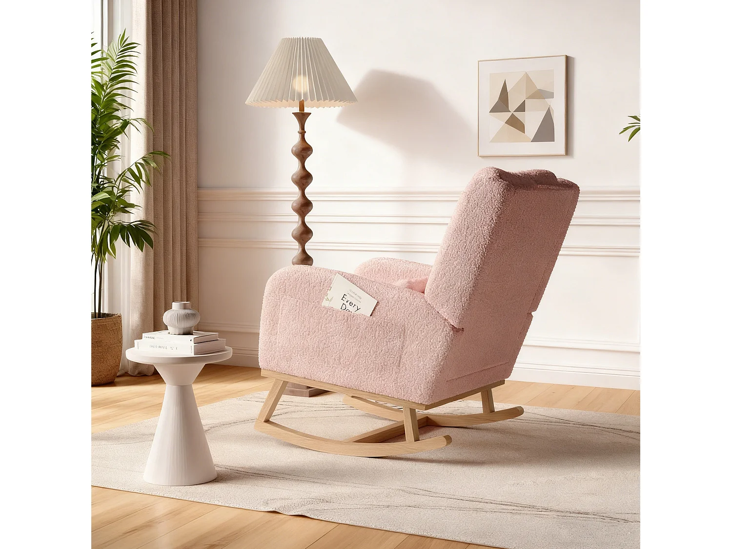 Fauteuil à bascule en Tissu velours Teddy - fauteuil de relaxation - avec 2 poches latérales et pieds en bois - style scandinave - rose