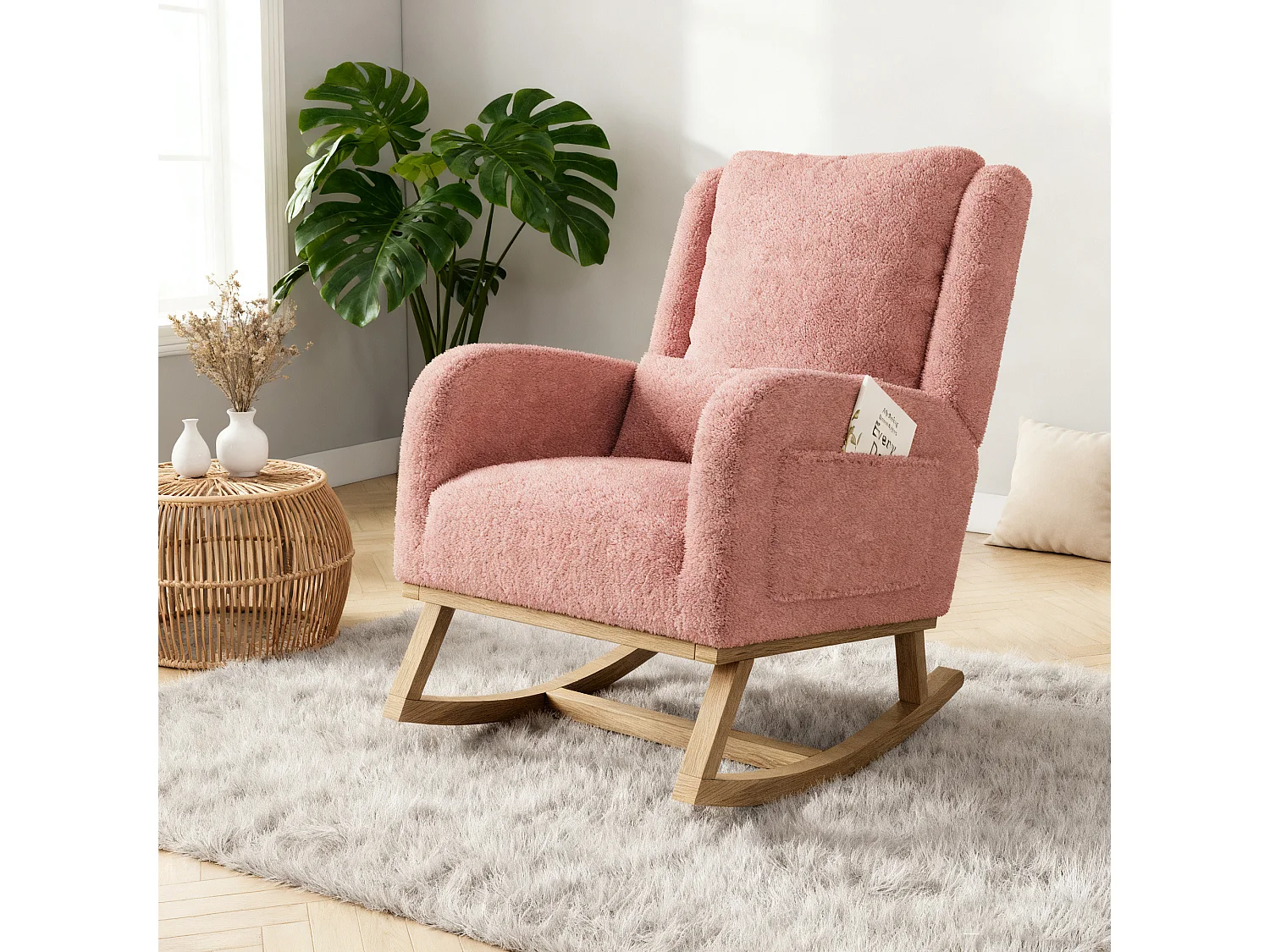 Fauteuil à bascule en Tissu velours Teddy - fauteuil de relaxation - avec coussin et 2 poches latérales - pieds en bois - style scandinave - rose