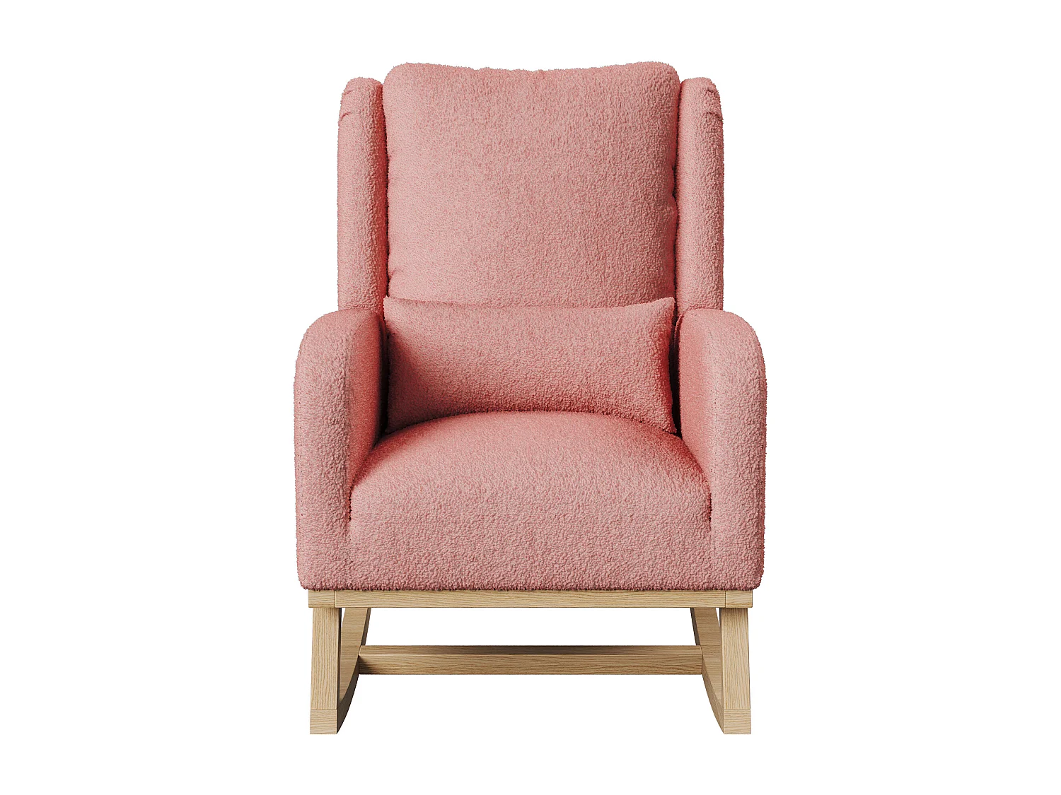 Fauteuil à bascule en Tissu velours Teddy - fauteuil de relaxation - avec coussin et 2 poches latérales - pieds en bois - style scandinave - rose