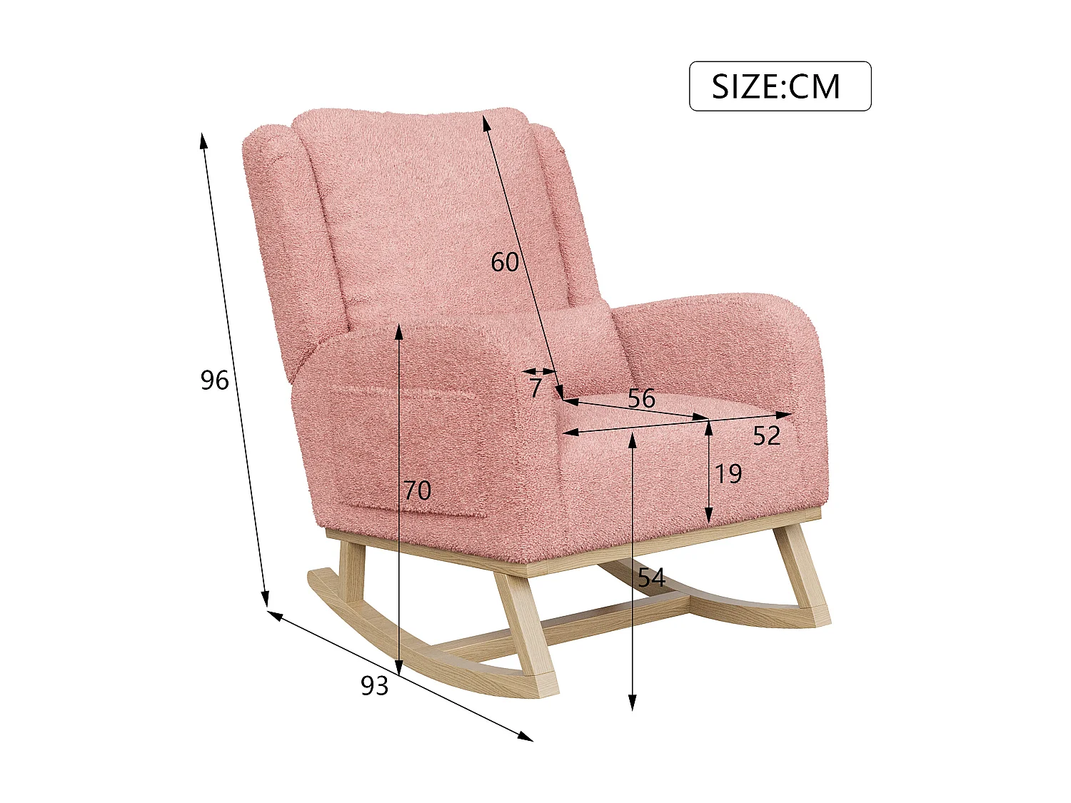Fauteuil à bascule en Tissu velours Teddy - fauteuil de relaxation - avec coussin et 2 poches latérales - pieds en bois - style scandinave - rose