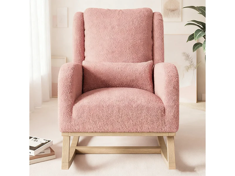 Fauteuil à bascule en Tissu velours Teddy - fauteuil de relaxation - avec coussin et 2 poches latérales - pieds en bois - style scandinave - rose