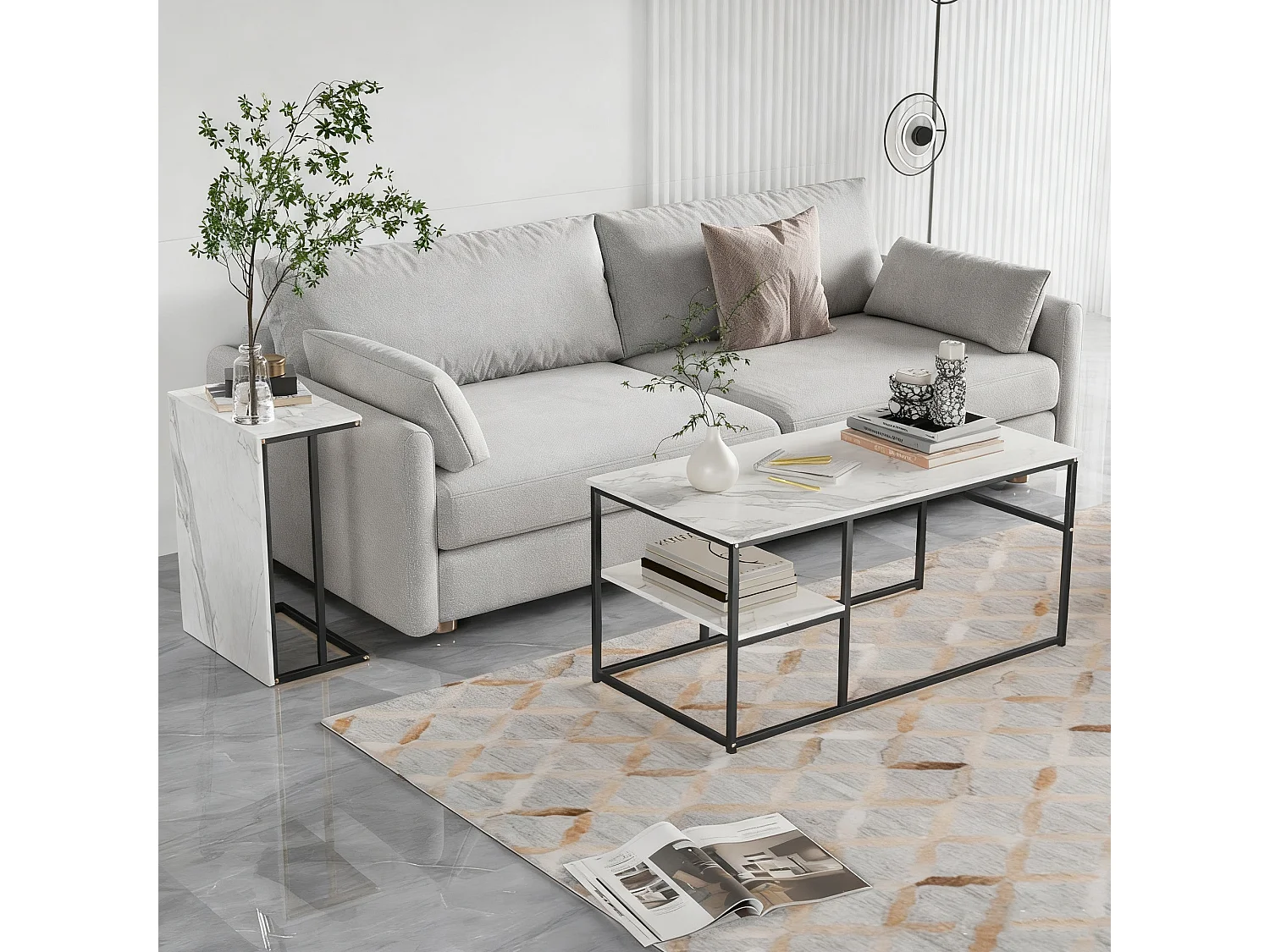 Lot de 2 tables basses gigognes en forme carrée - aspect marbre brillant -  Bois MDF et pieds en métal - Blanc + Noir