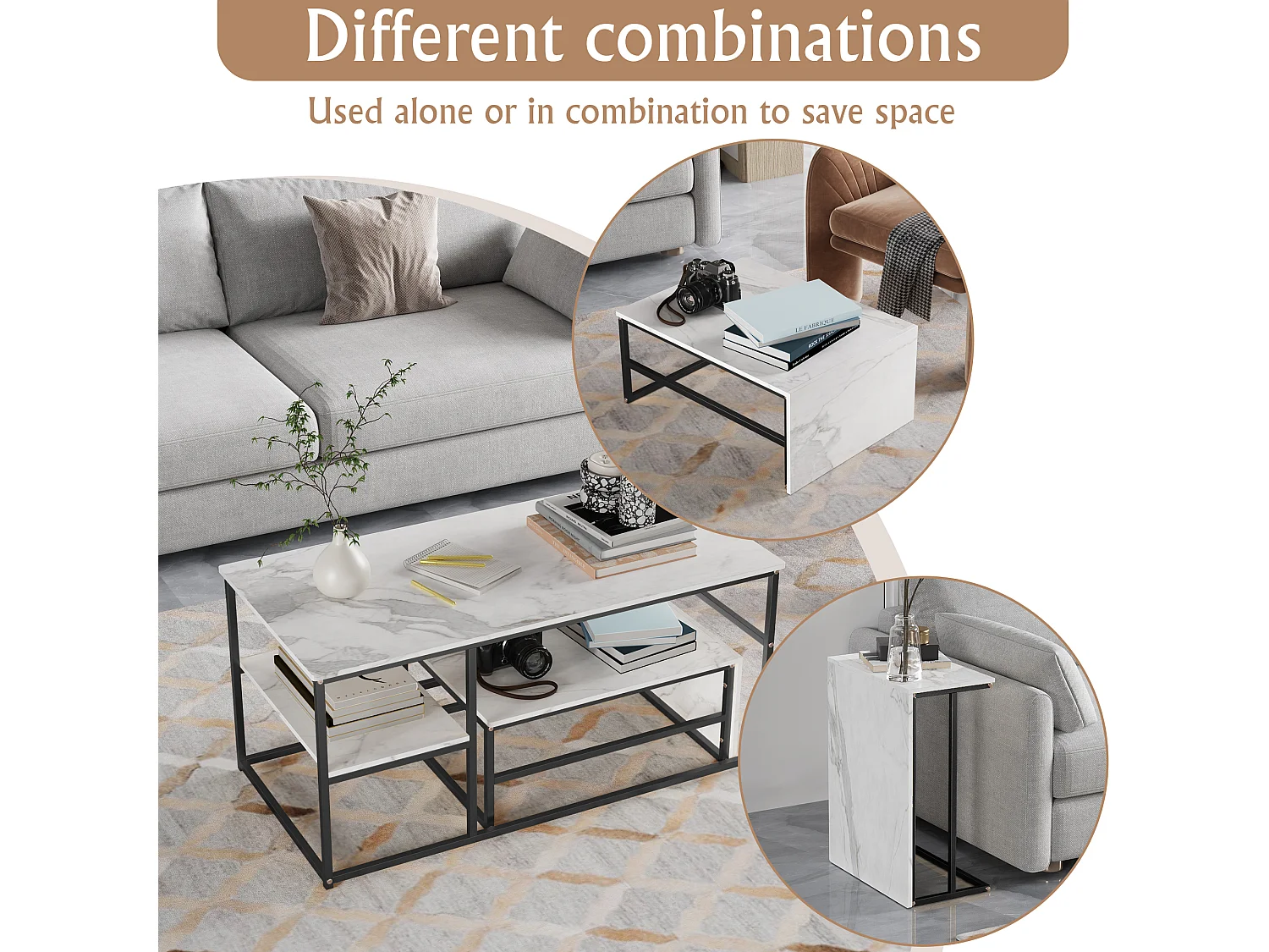 Lot de 2 tables basses gigognes en forme carrée - aspect marbre brillant -  Bois MDF et pieds en métal - Blanc + Noir