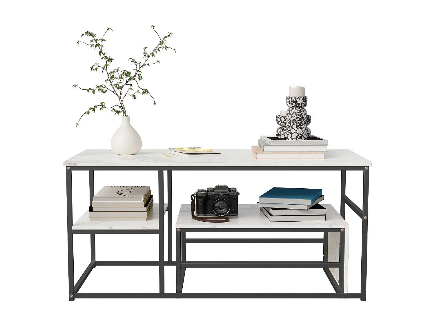 Lot de 2 tables basses gigognes en forme carrée - aspect marbre brillant -  Bois MDF et pieds en métal - Blanc + Noir