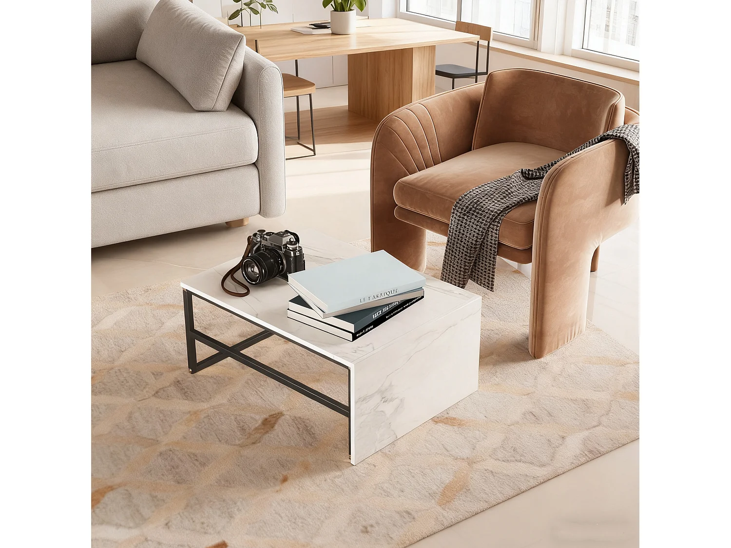 Lot de 2 tables basses gigognes en forme carrée - aspect marbre brillant -  Bois MDF et pieds en métal - Blanc + Noir