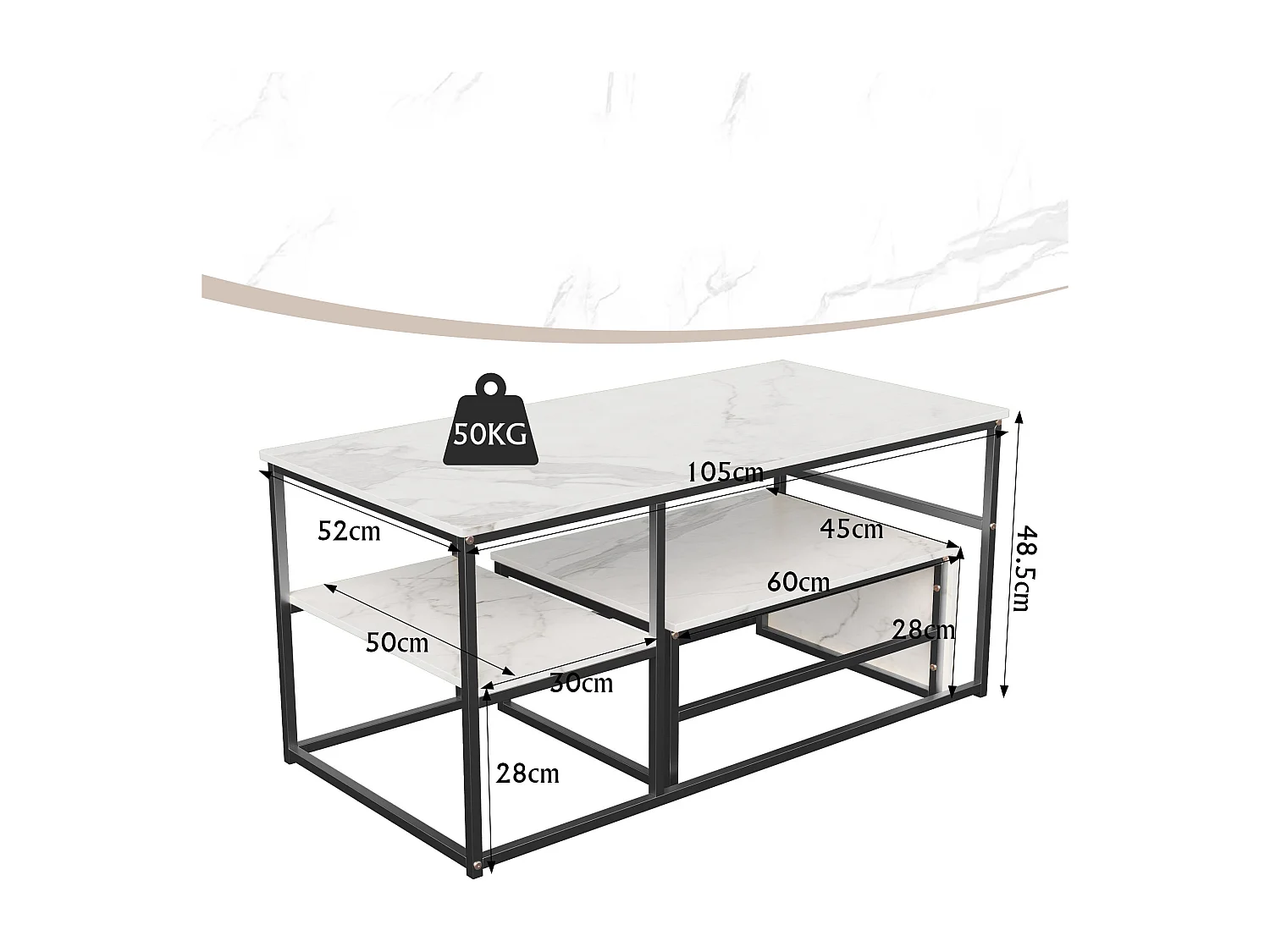 Lot de 2 tables basses gigognes en forme carrée - aspect marbre brillant -  Bois MDF et pieds en métal - Blanc + Noir