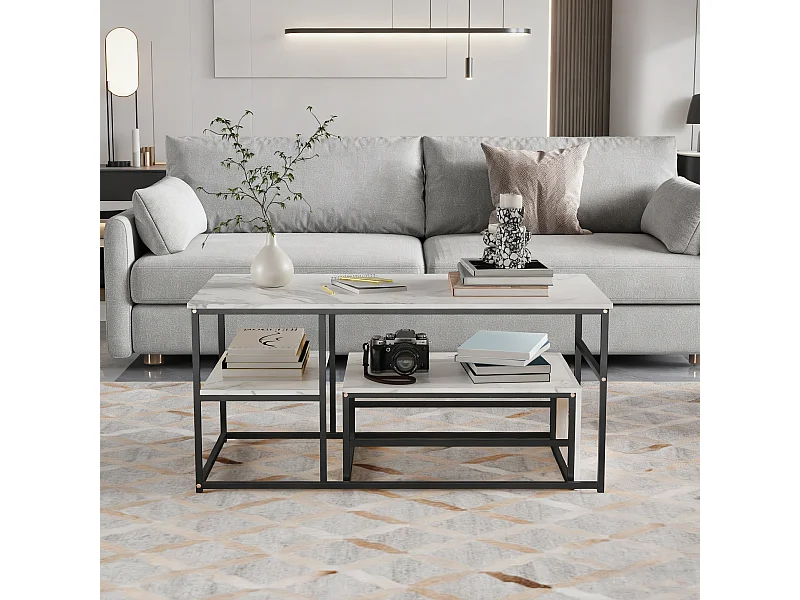 Lot de 2 tables basses gigognes en forme carrée - aspect marbre brillant -  Bois MDF et pieds en métal - Blanc + Noir