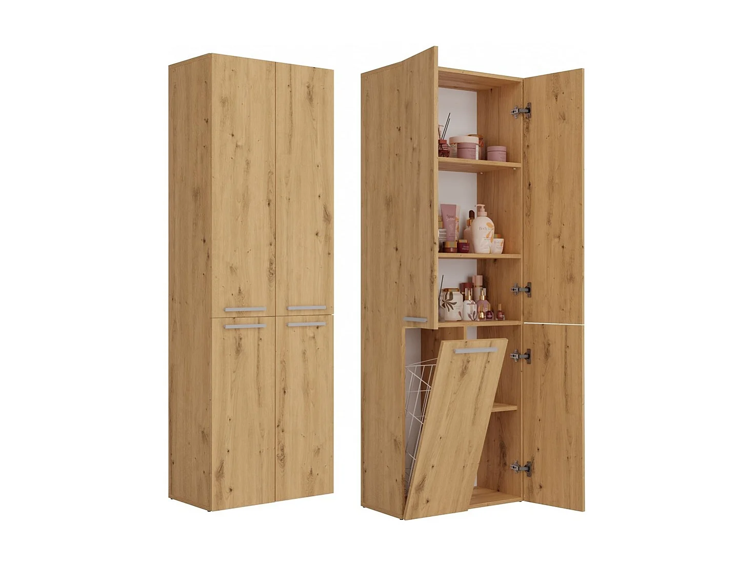 Badkamerkast Opbergkast Met 1 Wasmand Eiken - 60x30x174cm
