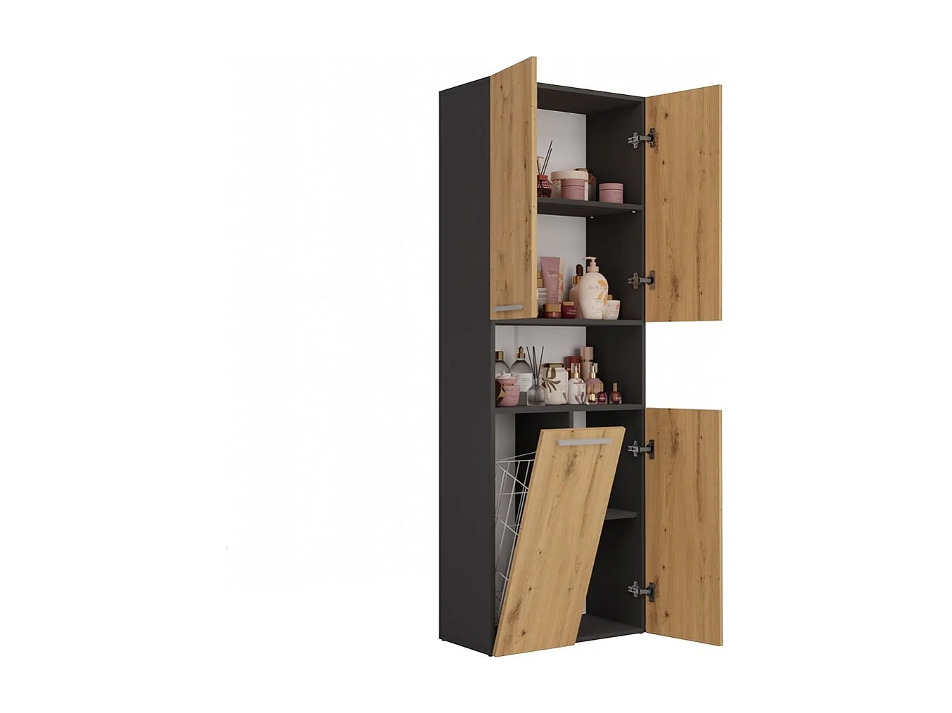 Badkamerkast Opbergkast Met 1 Wasmand Antraciet Eiken - 60x30x174cm