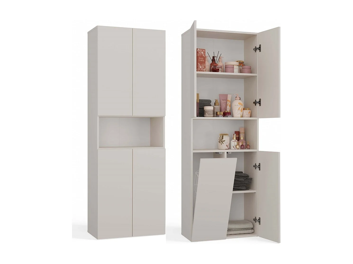 Badkamerkast Opbergkast Met 1 Wasmand Creme - 60x30x174cm