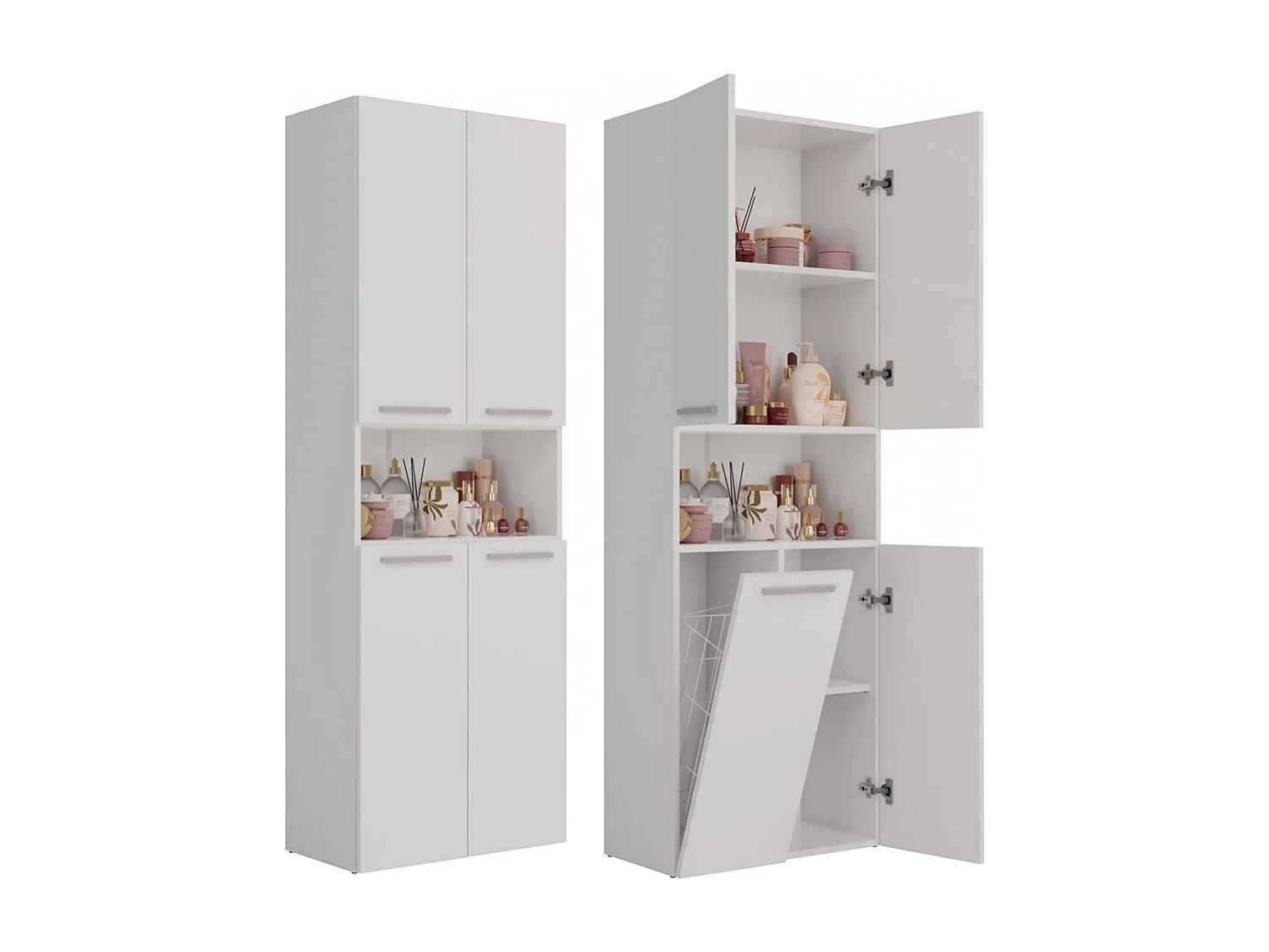 Badkamerkast Opbergkast Met 1 Wasmand Wit - 60x30x174cm