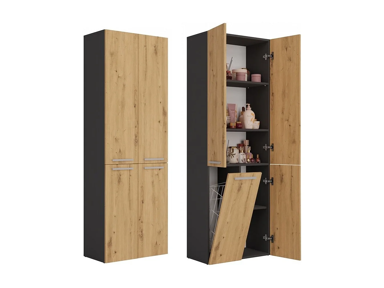 Badkamerkast Opbergkast Met 1 Wasmand Antraciet Eiken - 60x30x174cm