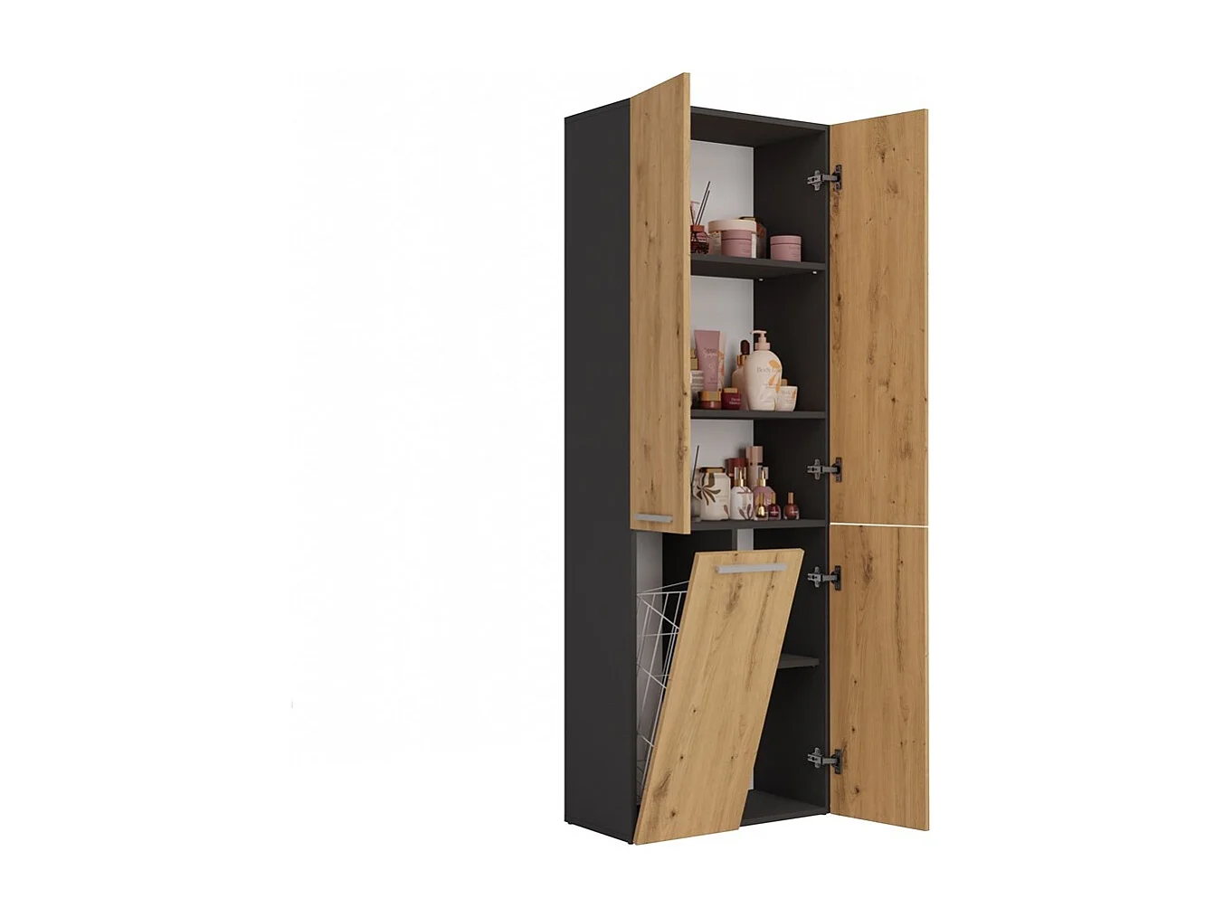 Badkamerkast Opbergkast Met 1 Wasmand Antraciet Eiken - 60x30x174cm