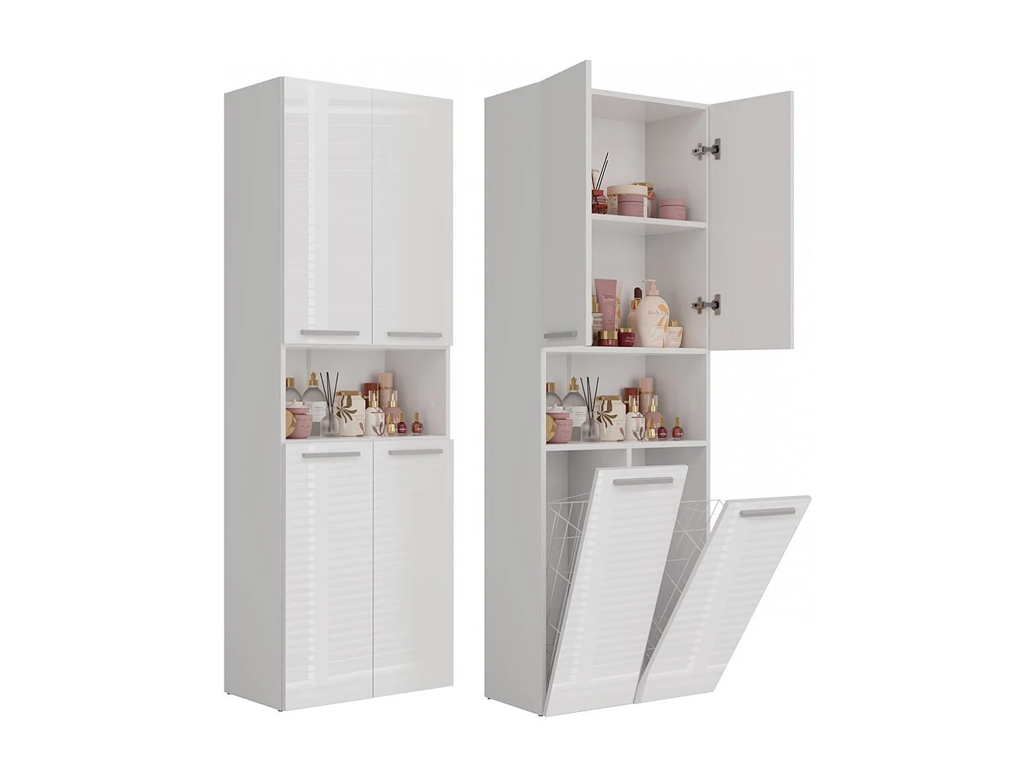 Badkamerkast wit glans met 2 wasmanden Wit glans - 60x30x174cm