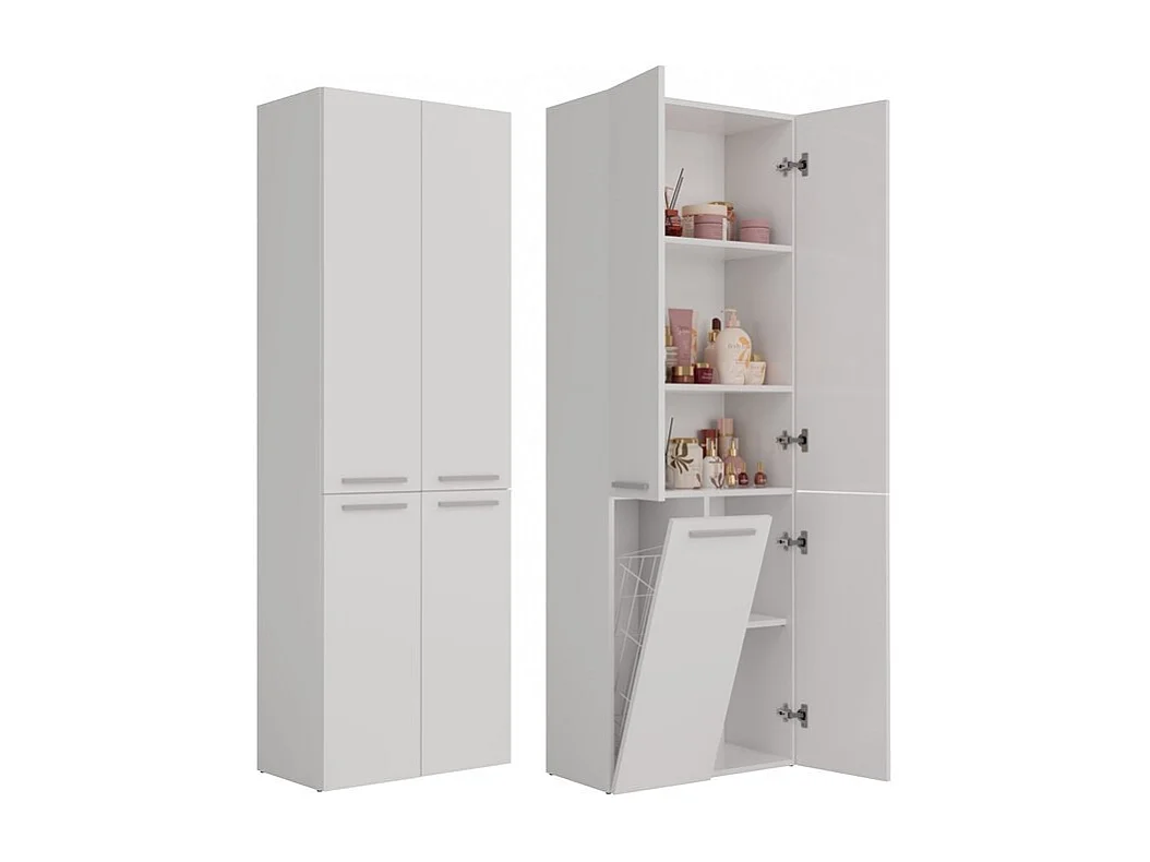 Badkamerkast Opbergkast Met 1 Wasmand Wit - 60x30x174cm