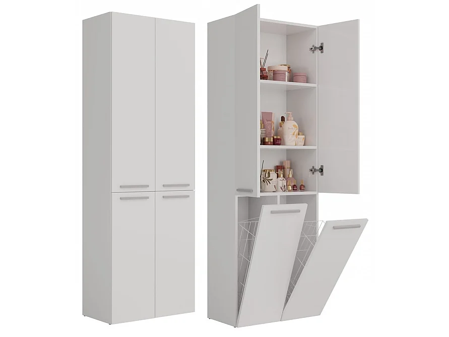 Armoire de Salle de Bain Blanche avec 2 Paniers à Linge - 60x30x174cm, Solution de Rangement Élégante et Organisée