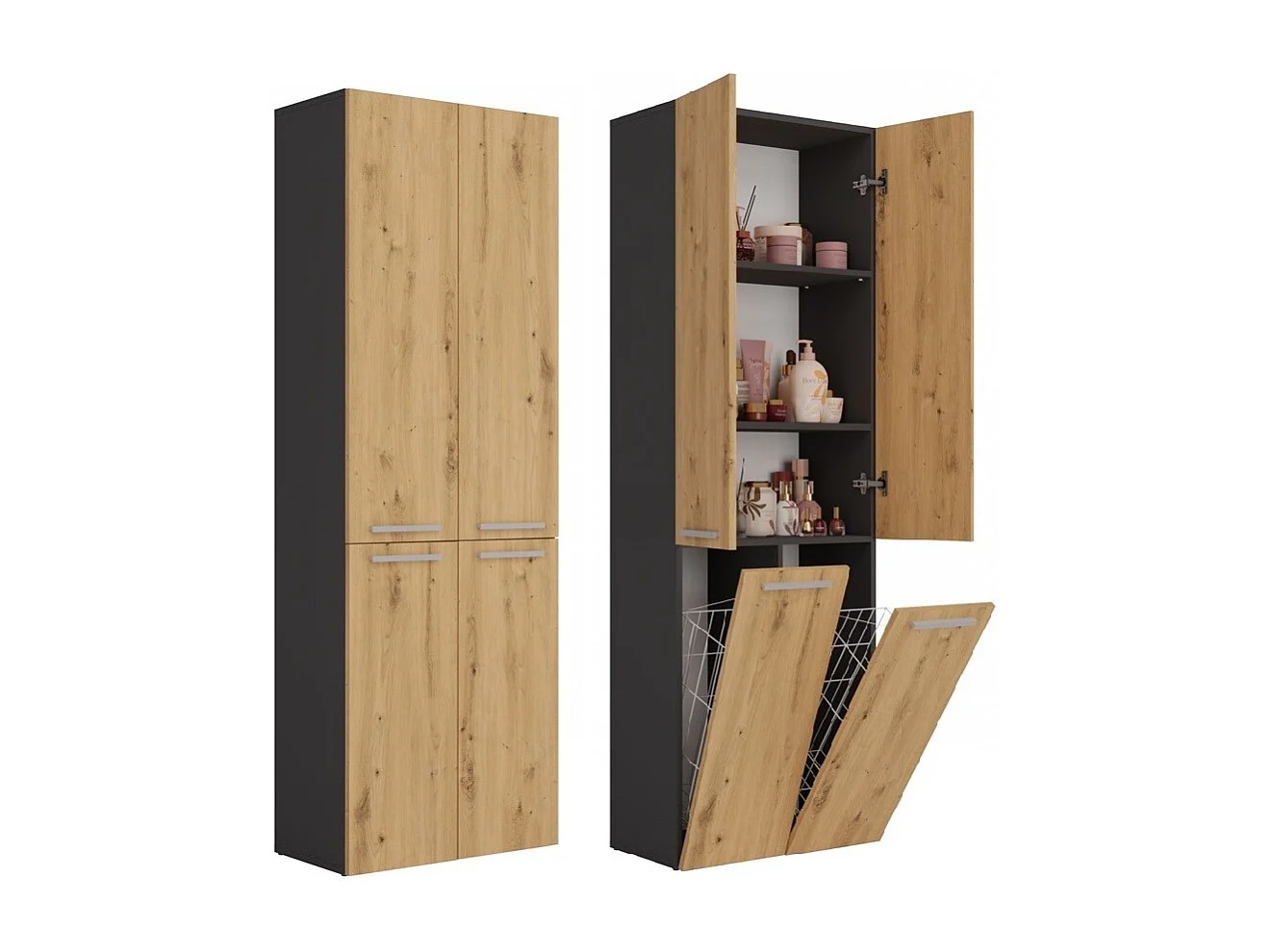 Badkamerkast Met 2 Wasmanden Antraciet Eiken - 60x30x174cm