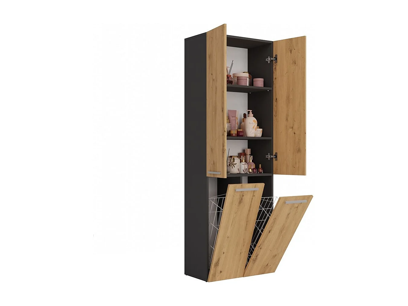 Badkamerkast Met 2 Wasmanden Antraciet Eiken - 60x30x174cm