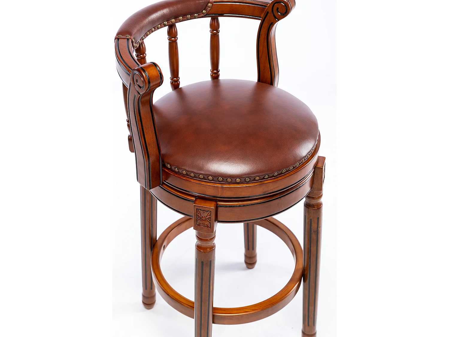 Tabouret de bar pivotant - Assise cuir marron - Bois - Couleur noyer