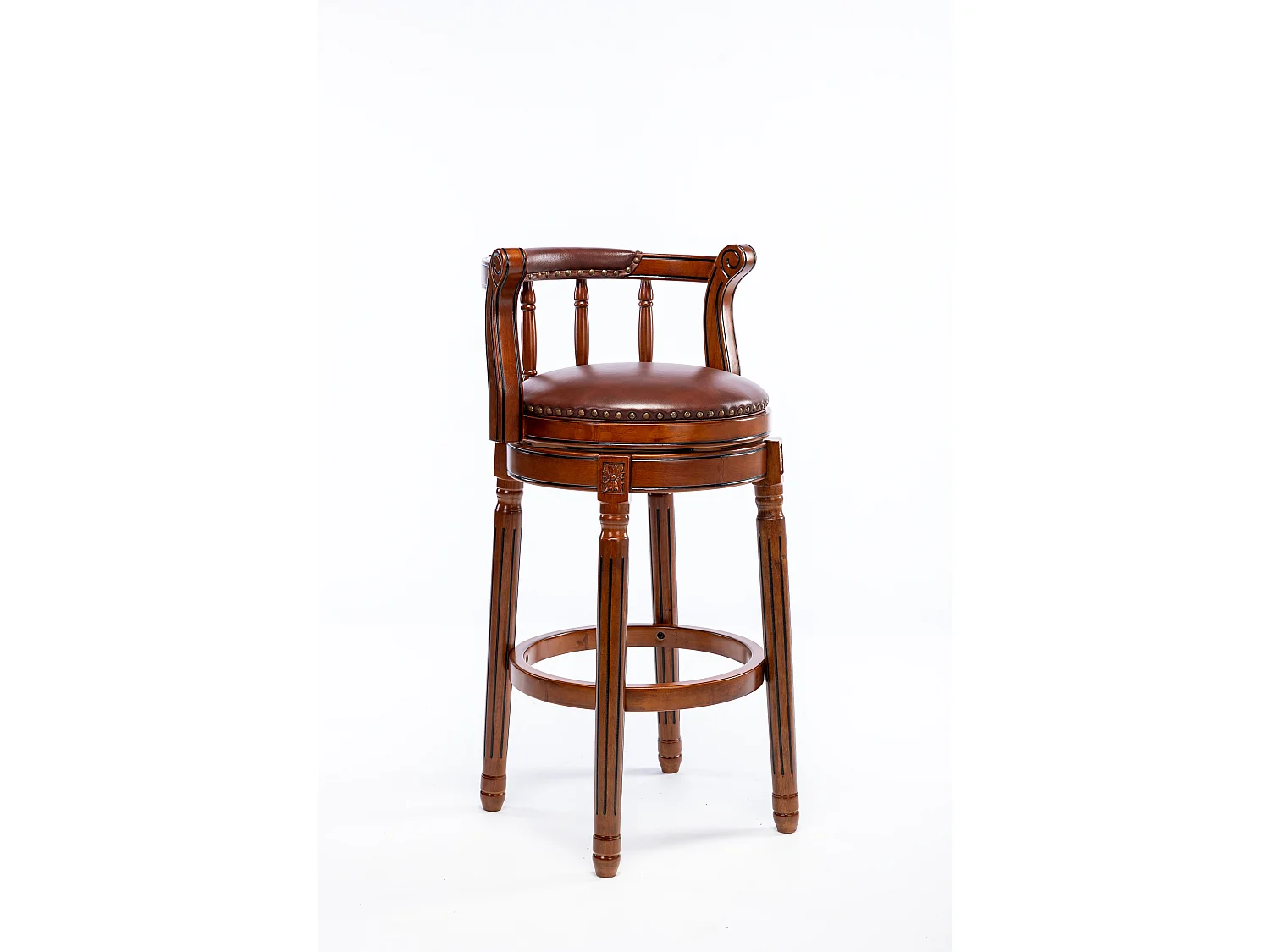 Tabouret de bar pivotant - Assise cuir marron - Bois - Couleur noyer