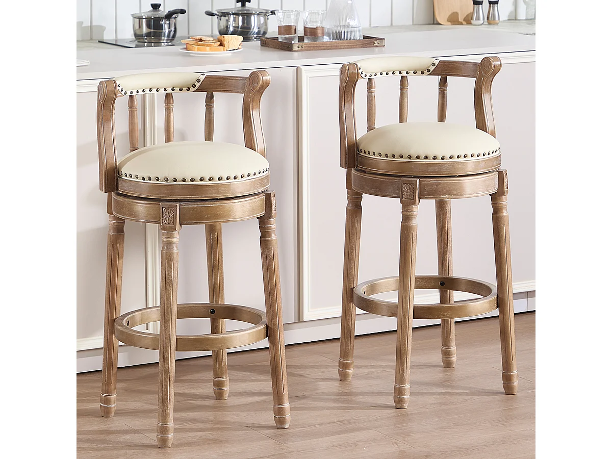 Tabouret de bar pivotant - Assise cuir blanc - Bois- Couleur naturel