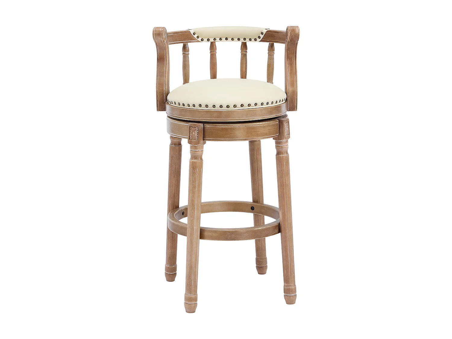 Tabouret de bar pivotant - Assise cuir blanc - Bois- Couleur naturel