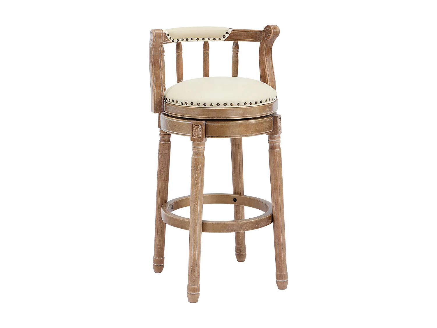 Tabouret de bar pivotant - Assise cuir blanc - Bois- Couleur naturel