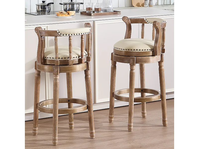 Tabouret de bar pivotant - Assise cuir blanc - Bois- Couleur naturel