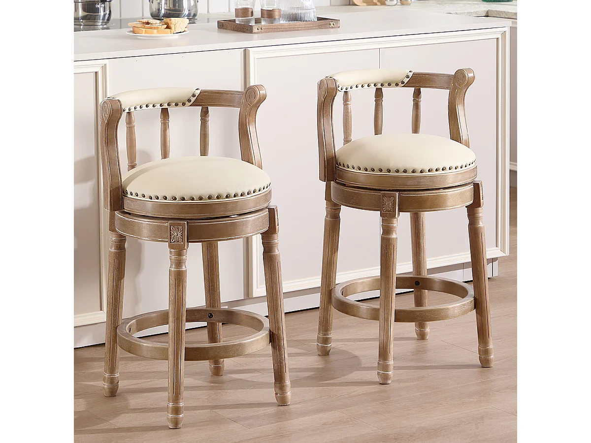Tabouret de bar pivotant - Assise cuir blanc- Couleur bois 54.8x54.8x66cm