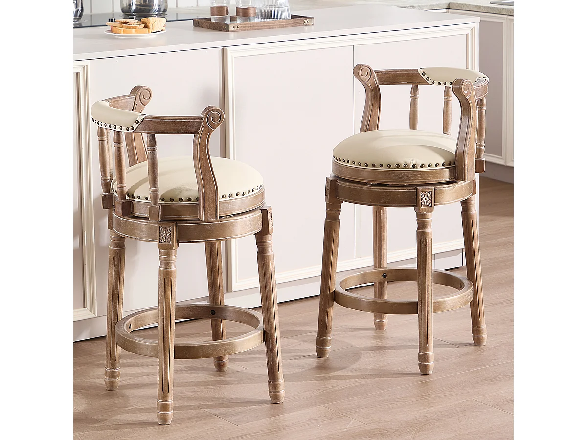 Tabouret de bar pivotant - Assise cuir blanc- Couleur bois 54.8x54.8x66cm