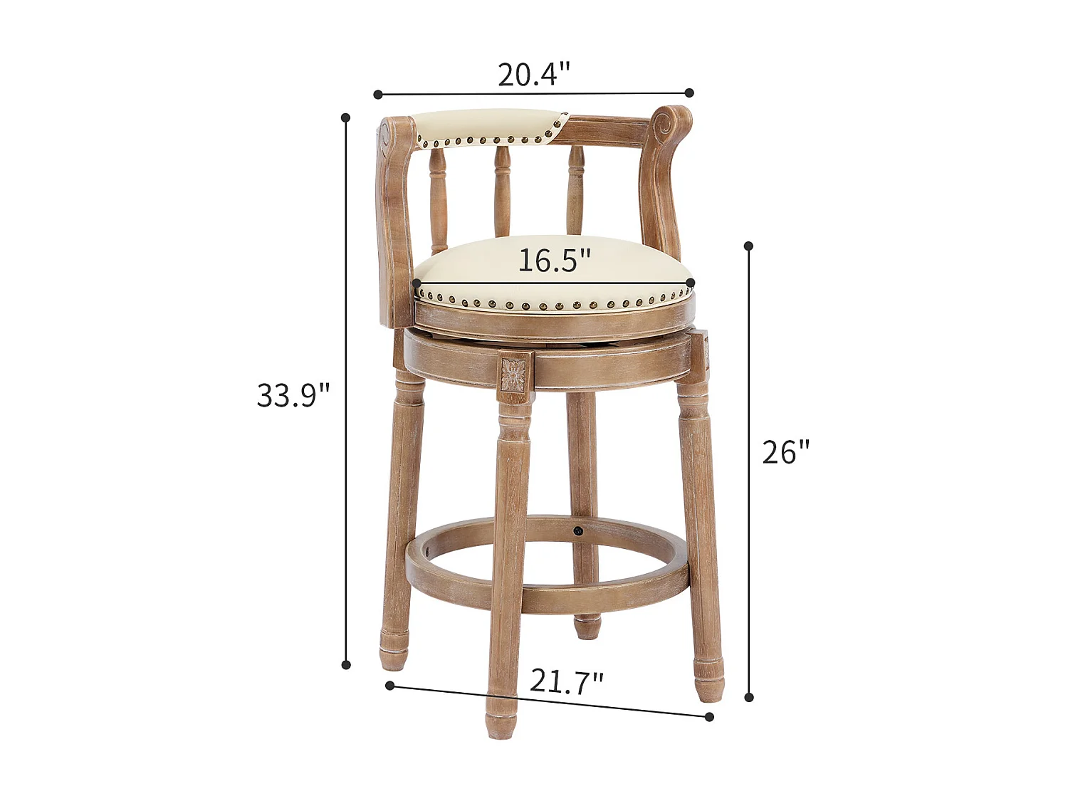 Tabouret de bar pivotant - Assise cuir blanc- Couleur bois 54.8x54.8x66cm