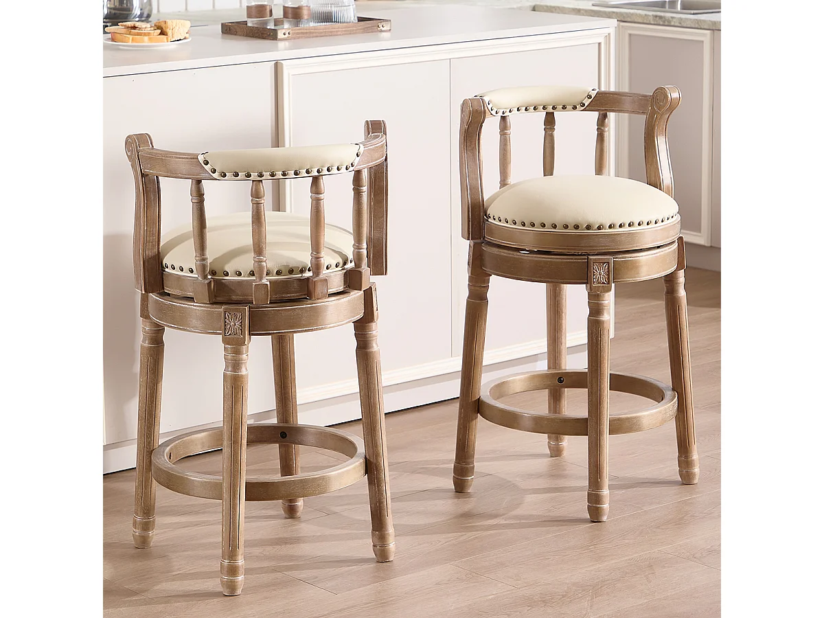 Tabouret de bar pivotant - Assise cuir blanc- Couleur bois 54.8x54.8x66cm