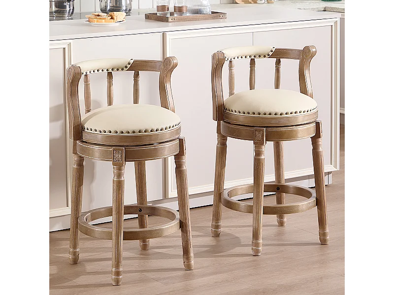 Tabouret de bar pivotant - Assise cuir blanc- Couleur bois 54.8x54.8x66cm