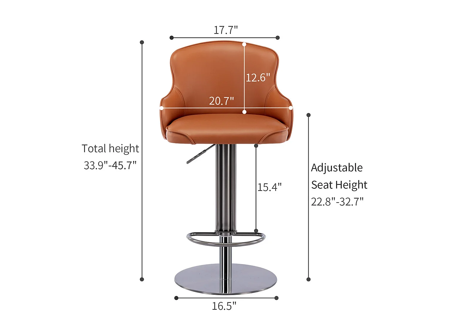 Tabouret de bar pivotant cuir - Réglable en hauteur -pieds en métal argenté - Marron