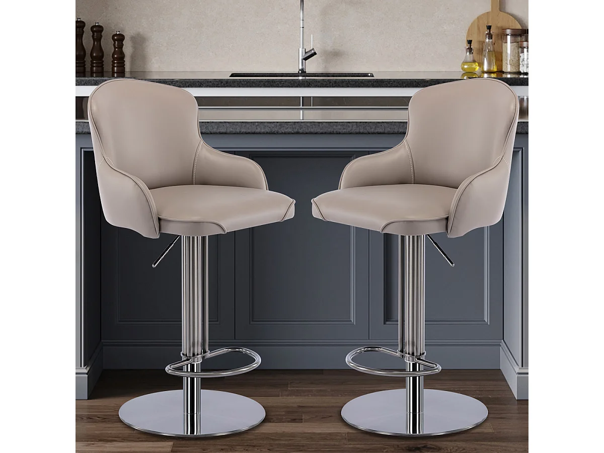 Tabouret de bar pivotant cuir - Réglable en hauteur -pieds en métal argenté - Gris