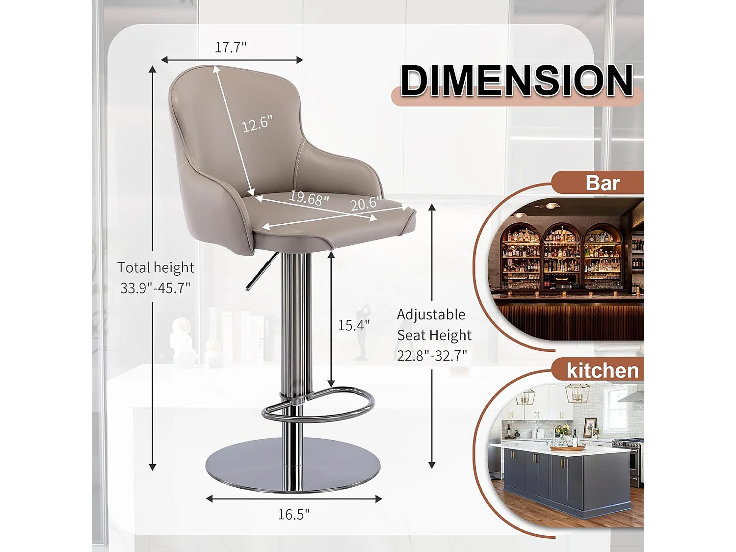 Tabouret de bar pivotant cuir - Réglable en hauteur -pieds en métal argenté - Gris