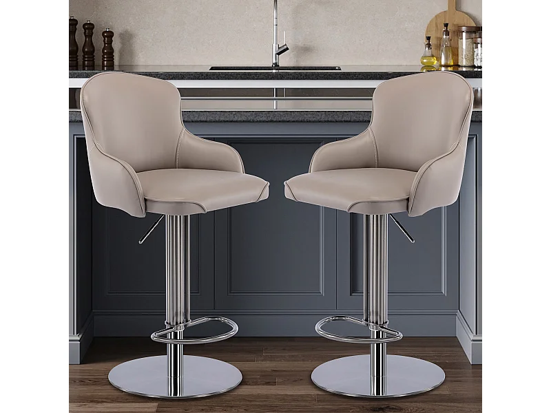 Tabouret de bar pivotant cuir - Réglable en hauteur -pieds en métal argenté - Gris