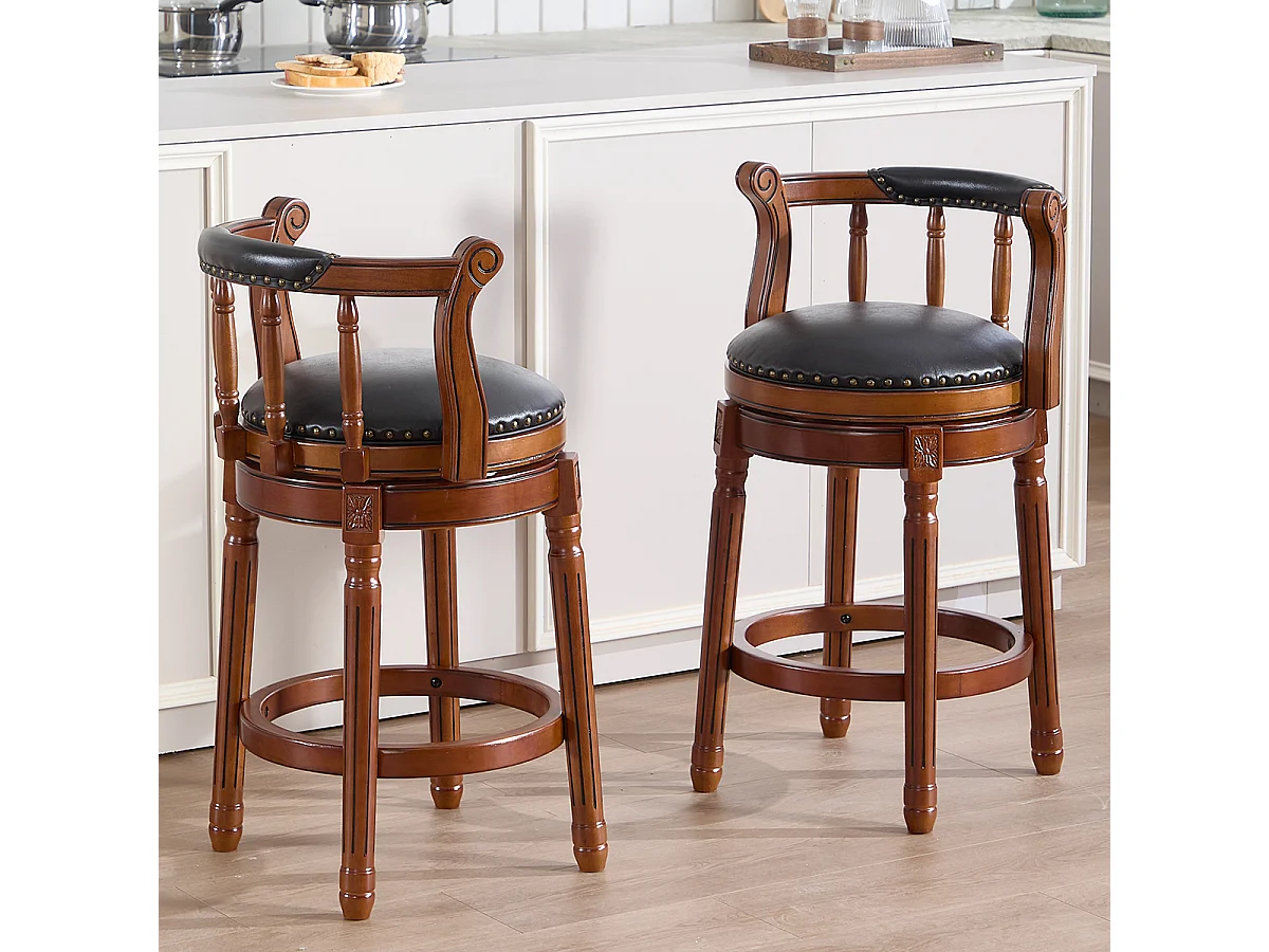 Tabouret de bar pivotant - Assise cuir noire- Couleur noyer 54.8x54.8x66cm