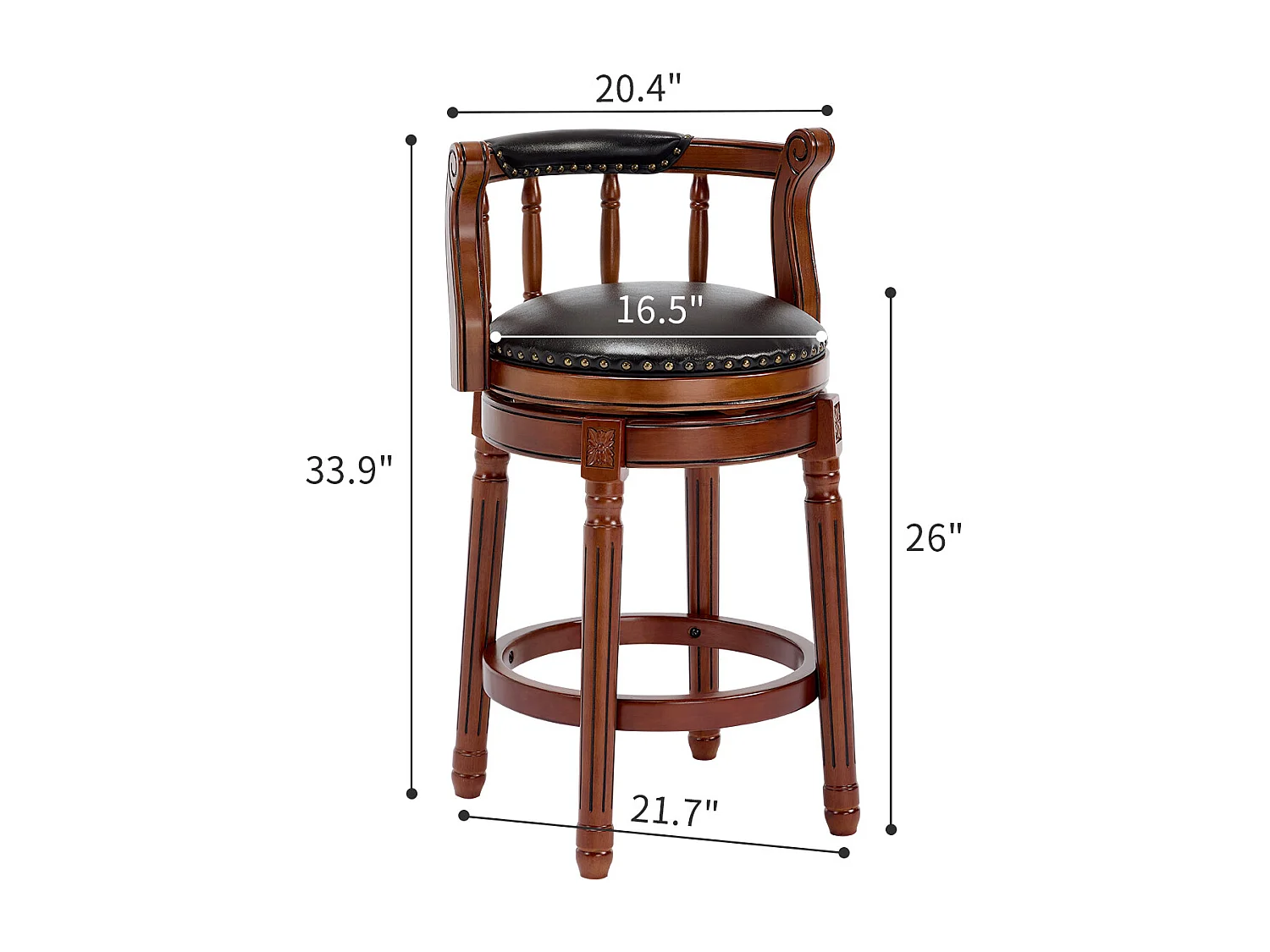 Tabouret de bar pivotant - Assise cuir noire- Couleur noyer 54.8x54.8x66cm