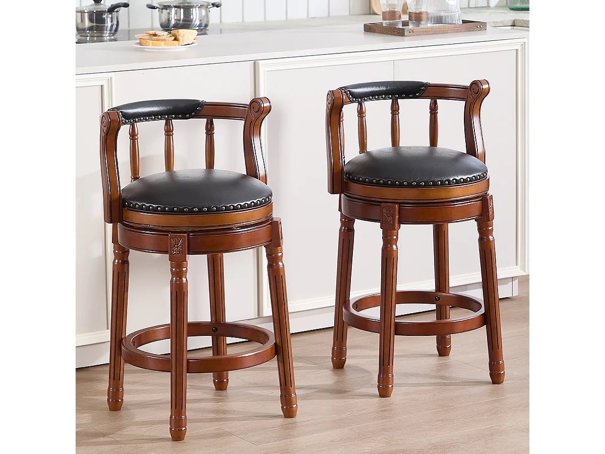 Tabouret de bar pivotant - Assise cuir noire- Couleur noyer 54.8x54.8x66cm