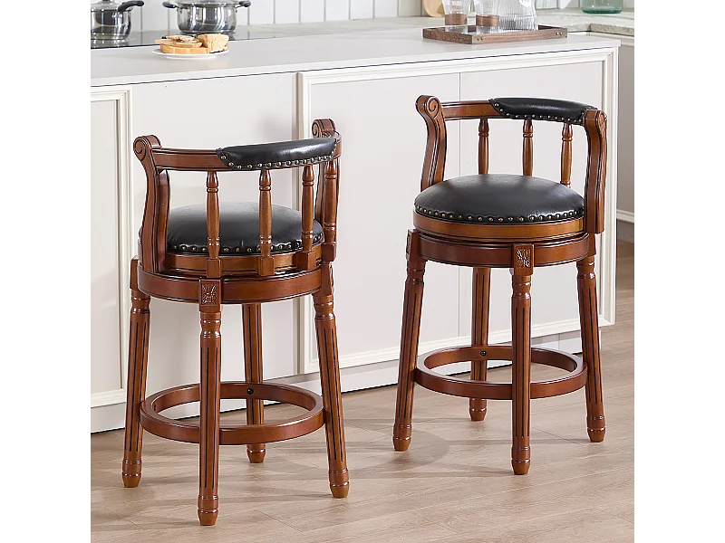 Tabouret de bar pivotant - Assise cuir noire- Couleur noyer 54.8x54.8x66cm