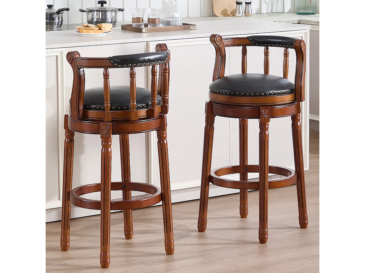Tabouret de bar pivotant - Assise cuir noire - Bois - Couleur noyer