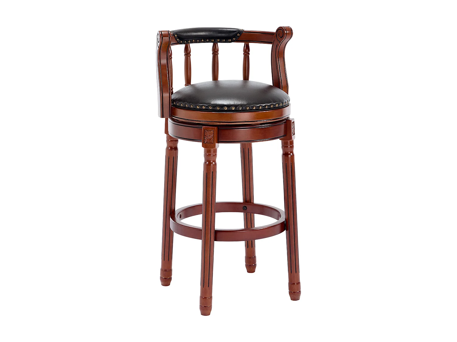 Tabouret de bar pivotant - Assise cuir noire - Bois - Couleur noyer