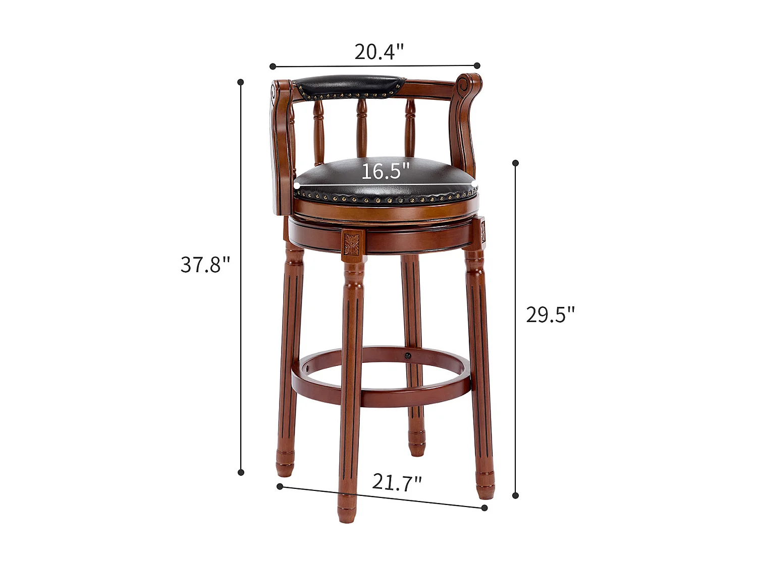 Tabouret de bar pivotant - Assise cuir noire - Bois - Couleur noyer