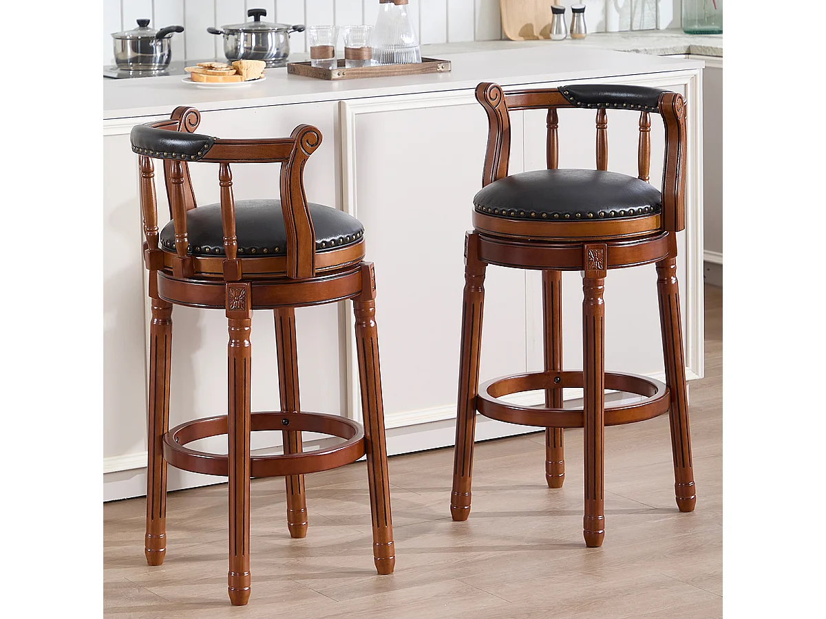 Tabouret de bar pivotant - Assise cuir noire - Bois - Couleur noyer