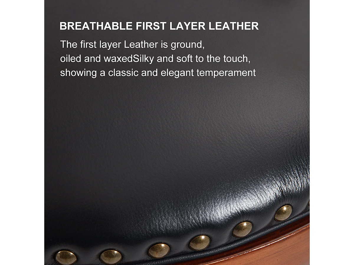 Tabouret de bar pivotant - Assise cuir noire - Bois - Couleur noyer