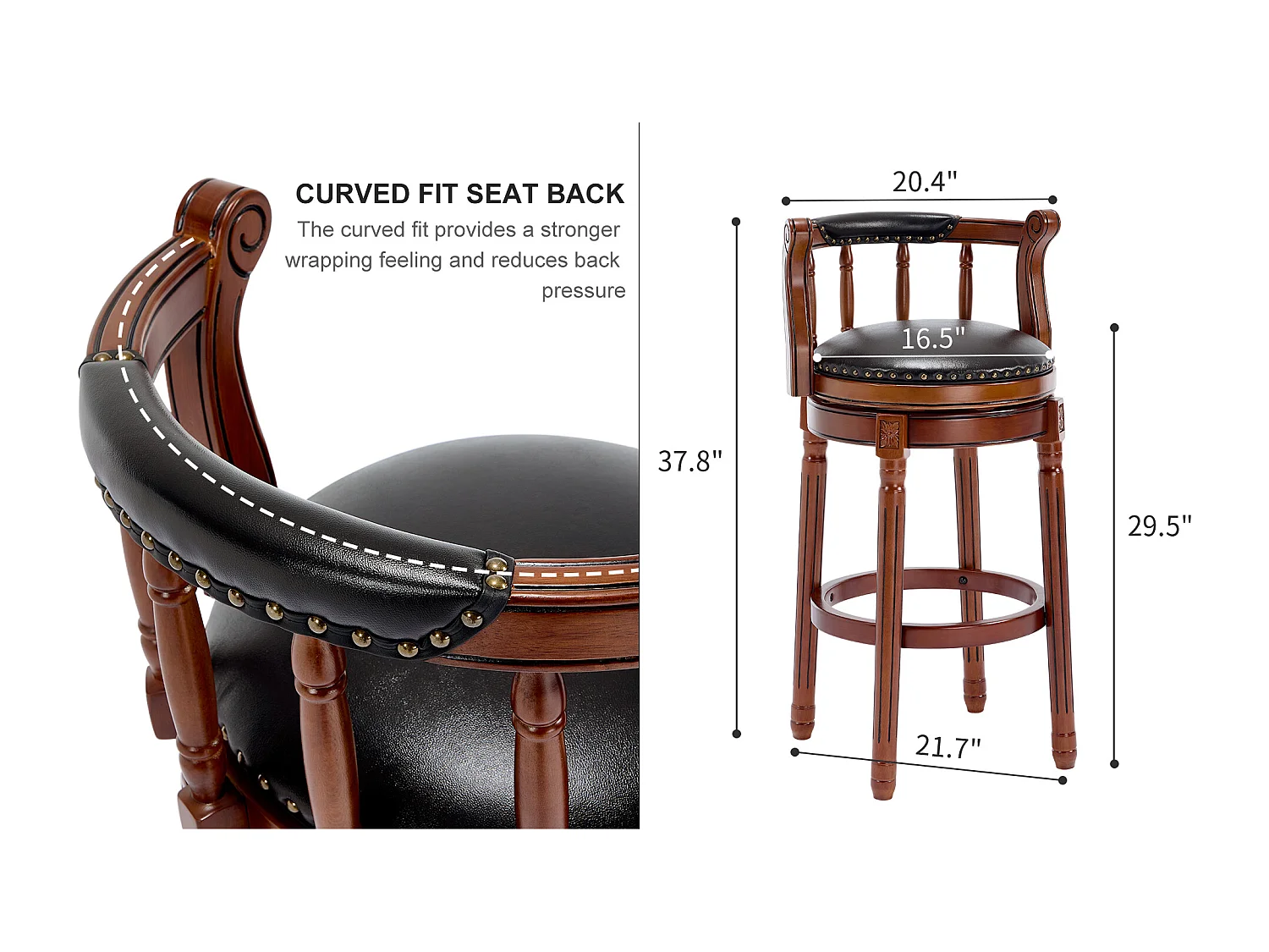 Tabouret de bar pivotant - Assise cuir noire - Bois - Couleur noyer