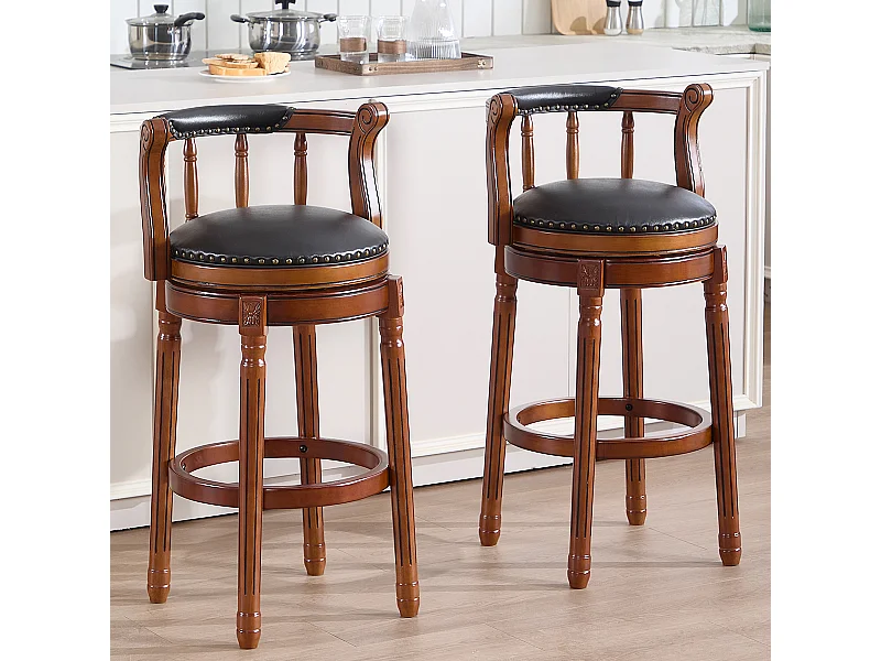 Tabouret de bar pivotant - Assise cuir noire - Bois - Couleur noyer