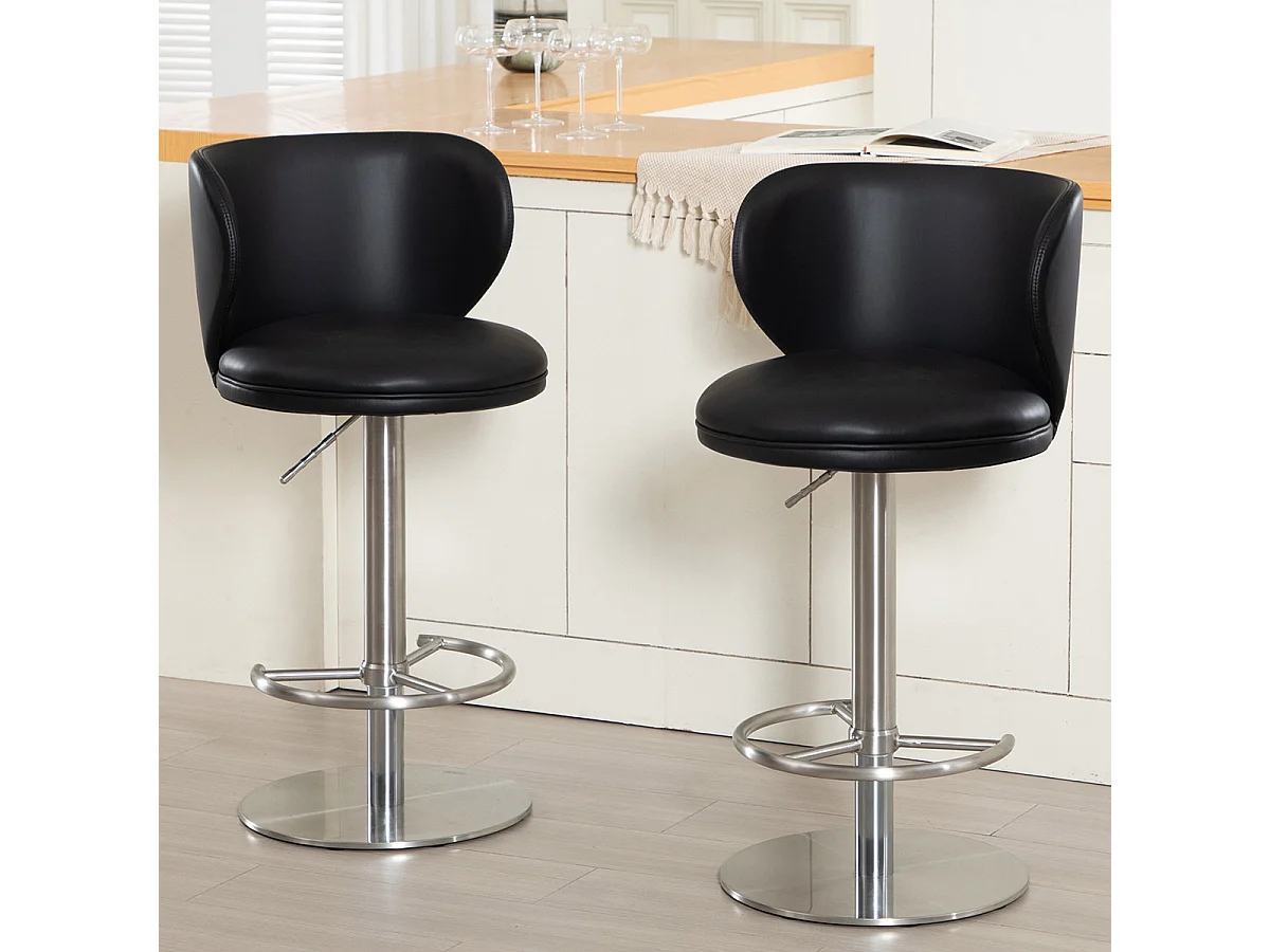 Tabouret de bar pivotant cuir - Réglable en hauteur - Pieds en métal argenté