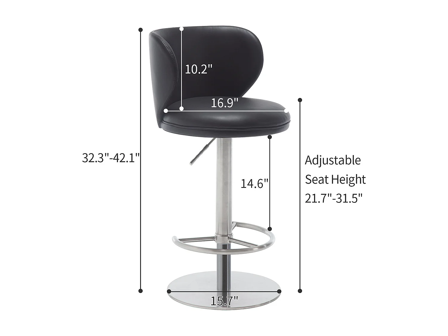 Tabouret de bar pivotant cuir - Réglable en hauteur - Pieds en métal argenté